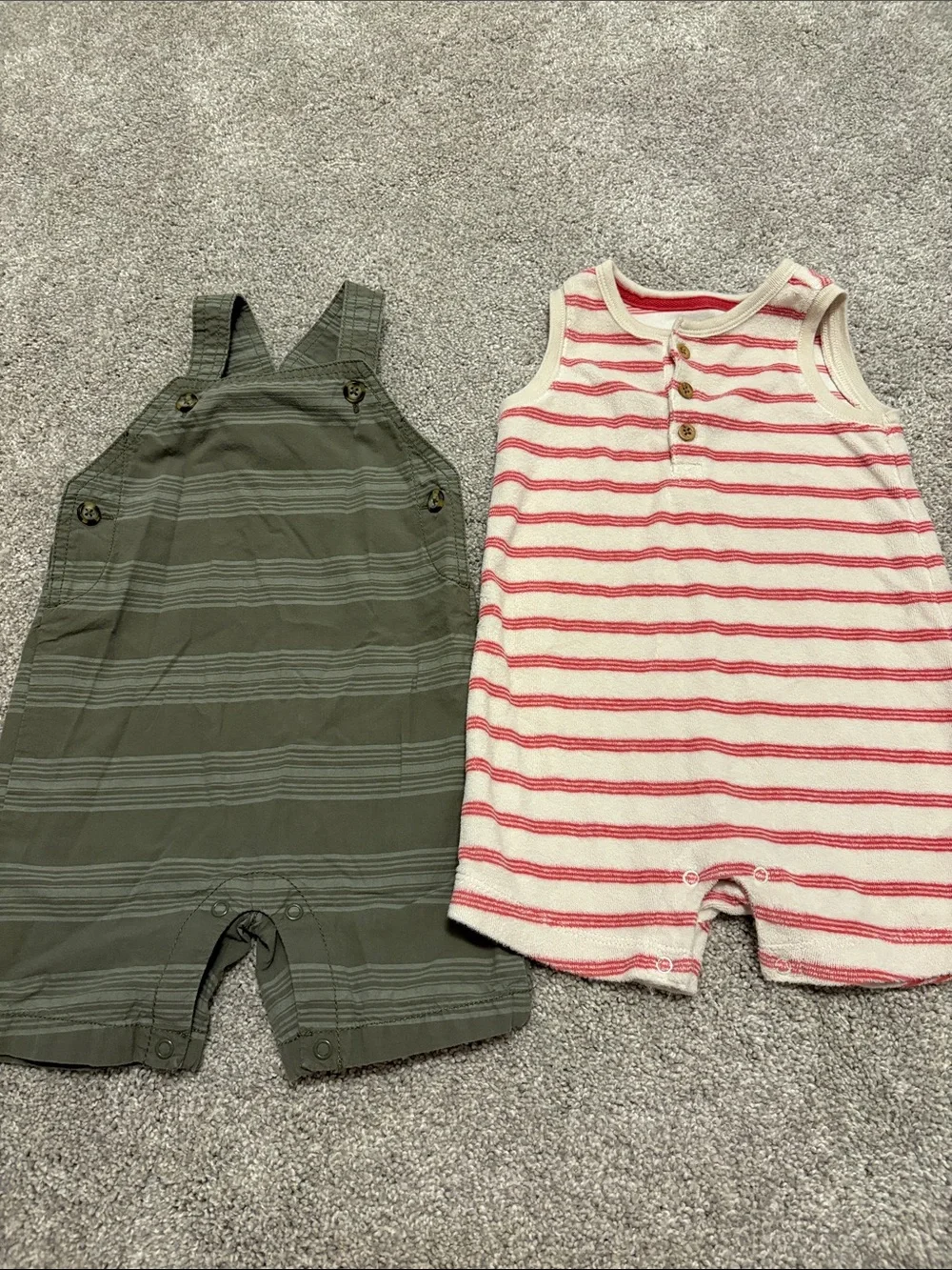 Carters baby boy Green Striped Overalls & Striped terry cloth romper lot 18 mon